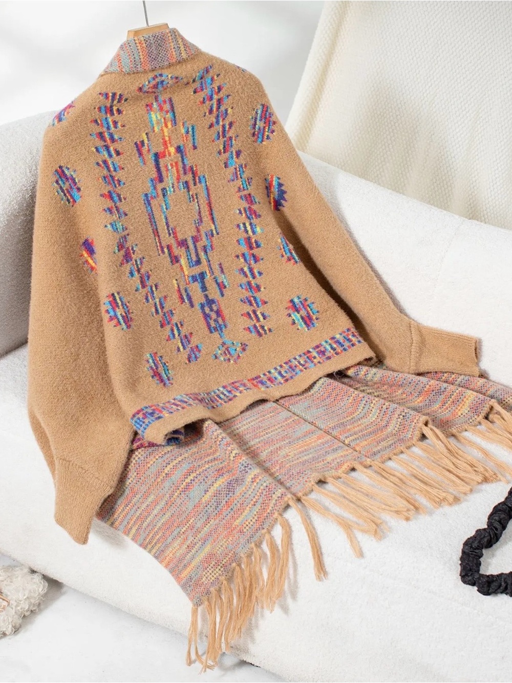 Camel Multi-Accent Fringe Knit Sweater